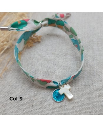 Bracelet religieux lien liberty croix nacre et vierge émaillée rose