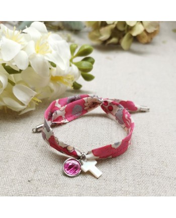 Bracelet religieux lien liberty croix nacre et vierge émaillée rose