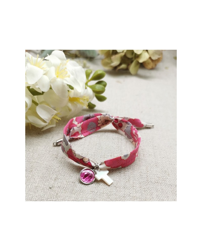 Bracelet religieux lien liberty croix nacre et vierge émaillée rose