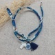 Bracelet religieux lien fin liberty, pompon et vierge émaillée turquoise