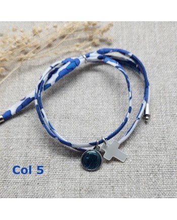 bracelet religieux double tour liberty croix nacre et vierge colorée rose