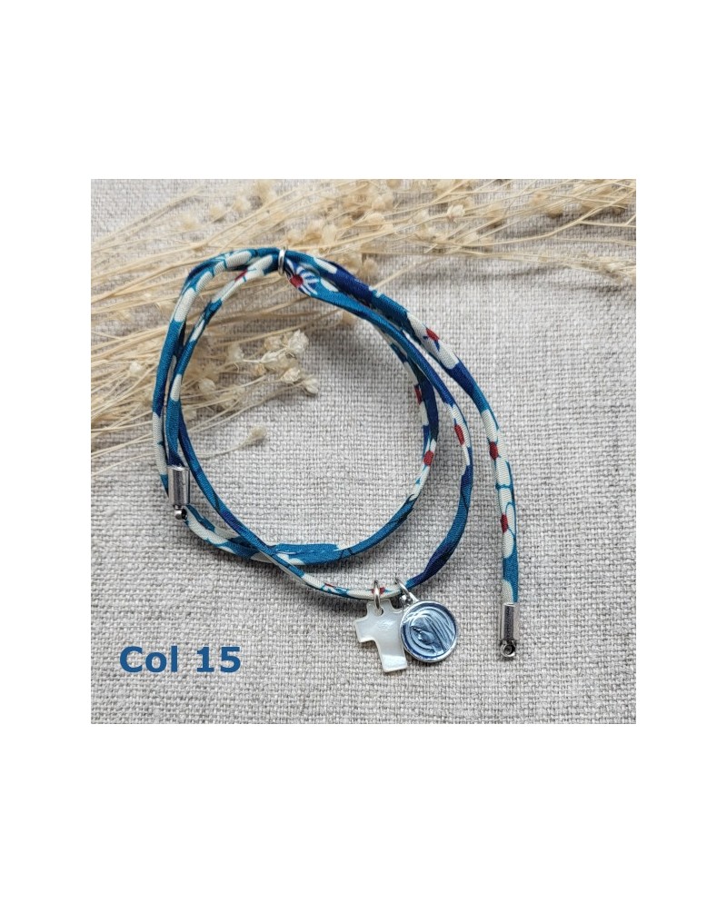 bracelet religieux double tour liberty croix nacre et vierge colorée rose