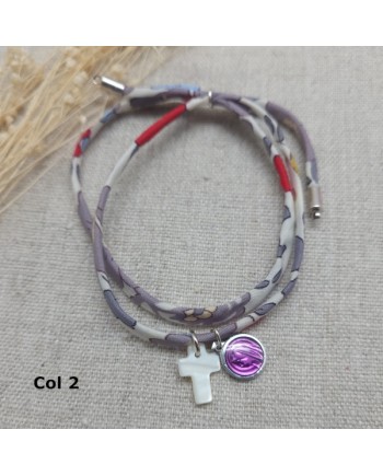 bracelet religieux double tour liberty croix nacre et vierge colorée rose