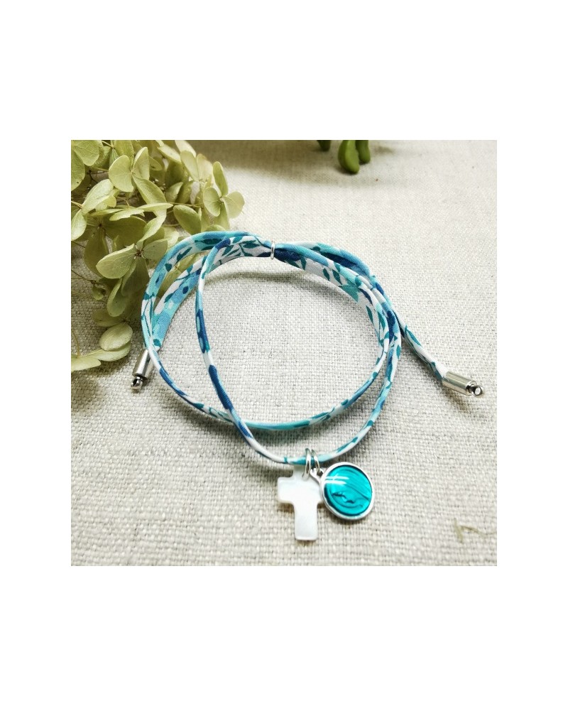 bracelet religieux double tour liberty croix nacre et vierge colorée rose