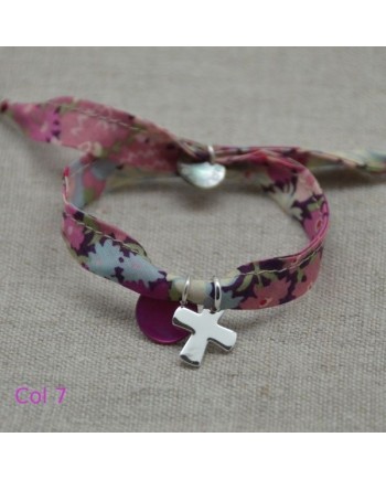 Bracelet religieux lien liberty croix argent et nacre rose