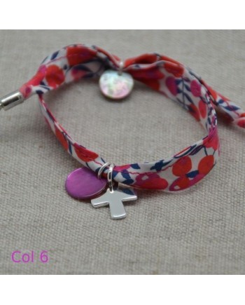Bracelet religieux lien liberty croix argent et nacre rose
