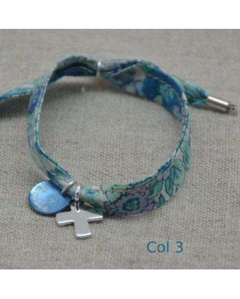 Bracelet religieux lien liberty croix argent et nacre bleu claire
