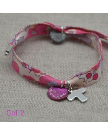 Bracelet religieux lien liberty croix argent et nacre rose