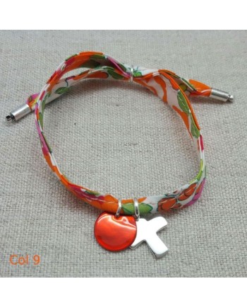 Bracelet religieux lien liberty croix argent et nacre orange