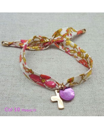 Bracelet religieux lien liberty croix plaqué Or et nacre rose