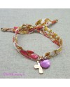 Bracelet religieux lien liberty croix plaqué Or et nacre rose