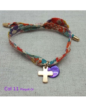 Bracelet religieux lien liberty croix Plaqué Or et nacre violette