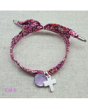 Bracelet religieux lien liberty croix argent et nacre parme