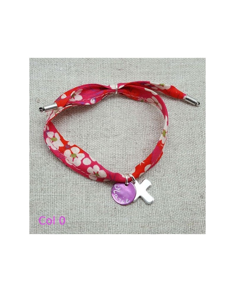 Bracelet religieux lien liberty croix argent et nacre rose 