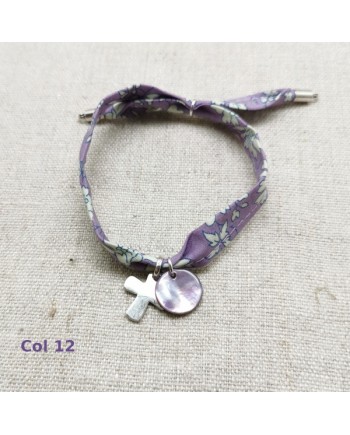 Bracelet religieux lien liberty croix argent et nacre rose