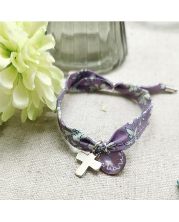 Bracelet religieux lien liberty croix argent et nacre rose