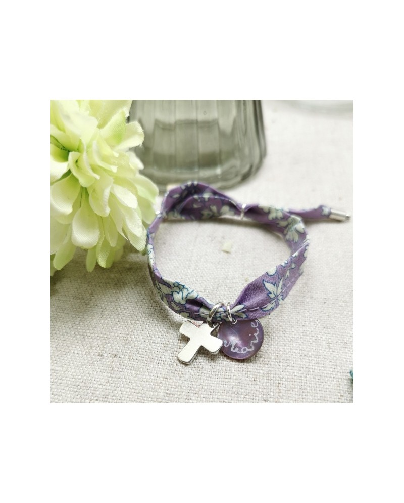 Bracelet religieux lien liberty croix argent et nacre rose