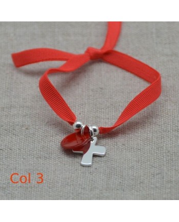 Bracelet religieux croix argent et pastille nacre orange sur elastique ajustable