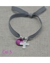 Bracelet religieux croix argent et pastille nacre gris sur elastique ajustable