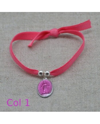 Bracelet religieux médaille miraculeuse ou croix émaillée sur lien elastique ajustable rose
