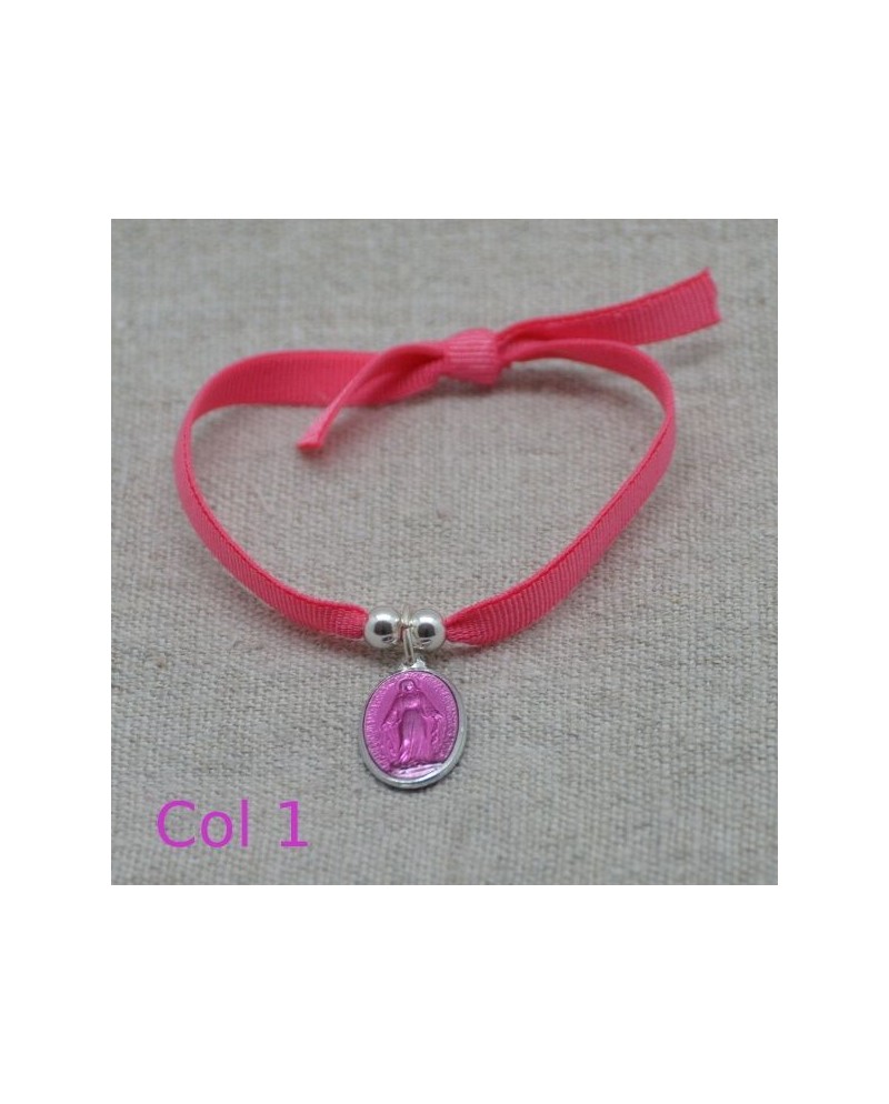 Bracelet religieux médaille miraculeuse ou croix émaillée sur lien elastique ajustable rose