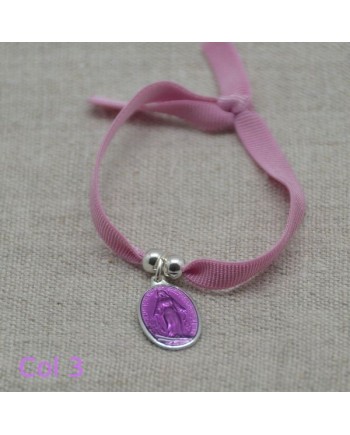 Bracelet religieux médaille miraculeuse ou croix émaillée sur lien elastique ajustable rose