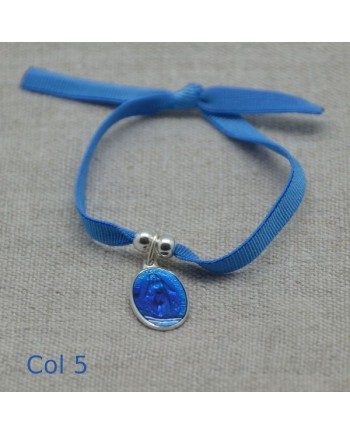 Bracelet religieux médaille miraculeuse ou croix émaillée sur lien elastique ajustable bleu