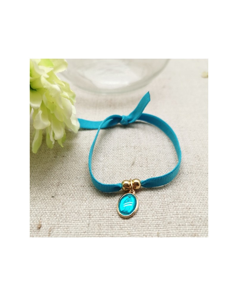 Bracelet religieux médaille miraculeuse ou croix émaillée sur lien elastique ajustable rose