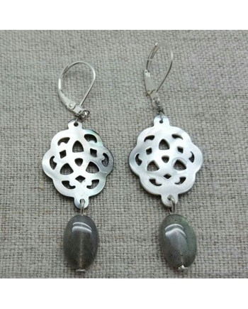 Boucle d'oreilles arabesque en nacre et pierre turquoise, finition argenté