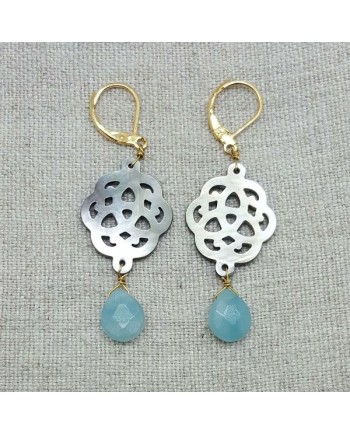 Boucle d'oreilles arabesque en nacre et pierre turquoise, finition doré
