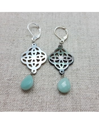 Boucle d'oreilles arabesque en nacre et pierre turquoise, finition argenté