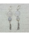 Boucle d'Oreille argentée longue arabesque et chaine coloris gris