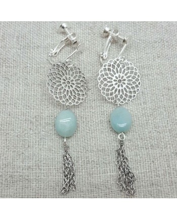 Boucle d'Oreille argentée longue arabesque et chaine coloris turquoise