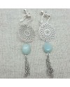Boucle d'Oreille argentée longue arabesque et chaine coloris turquoise
