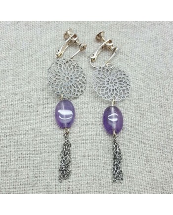 Boucle d'Oreille argentée longue arabesque et chaine coloris violet