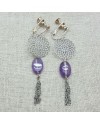 Boucle d'Oreille argentée longue arabesque et chaine coloris violet