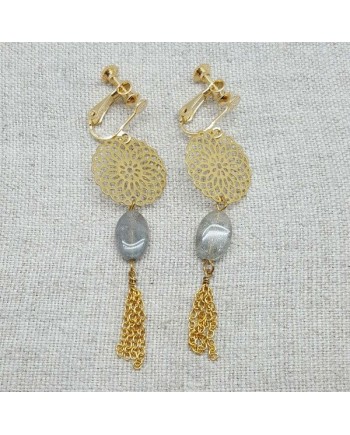 Boucle d'Oreille dorée longue arabesque et chaine coloris gris