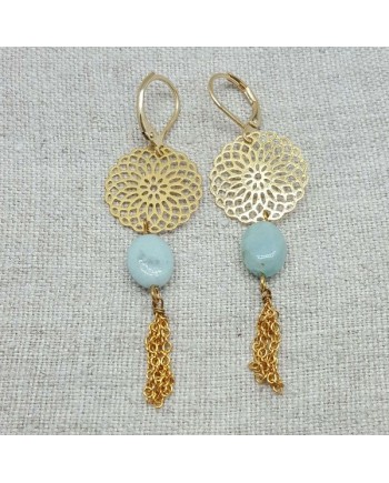 Boucle d'Oreille dorée longue arabesque et chaine coloris turquoise