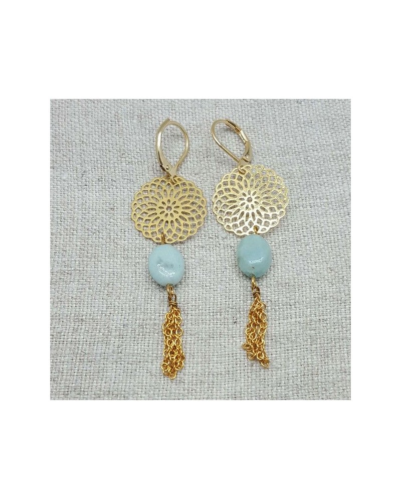Boucle d'Oreille dorée longue arabesque et chaine coloris turquoise