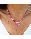 Collier religieux lien fin liberty avec une croix argent et pastille nacre rose personnalisable