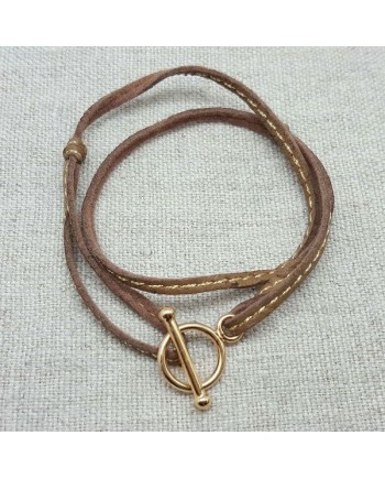 Bracelet fermoir plaqué Or double tour de lien façon cuir marron