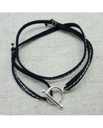 Bracelet fermoir argent double tour de lien façon cuir noir