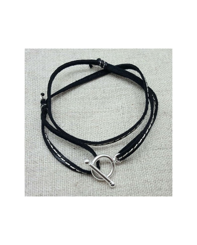 Bracelet fermoir argent double tour de lien façon cuir noir
