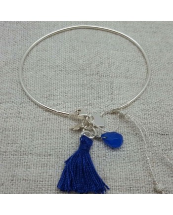 Bracelet jonc pompon et breloque en Argent coloris bleu vif