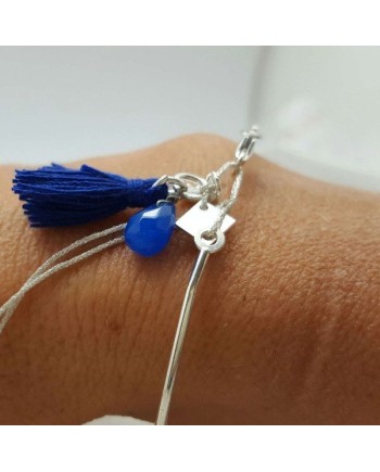 Bracelet jonc pompon et breloque en plaqué Or coloris bleu vif