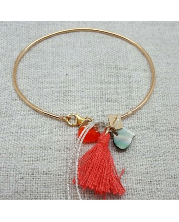 Bracelet jonc pompon et breloque en plaqué Or coloris orange