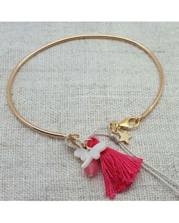 Bracelet jonc pompon et breloque en plaqué Or coloris rose fushia