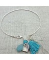 Bracelet jonc pompon et breloque en Argent coloris turquoise