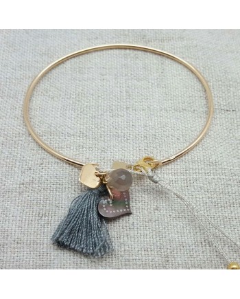 Bracelet jonc pompon et breloque en plaqué Or coloris gris