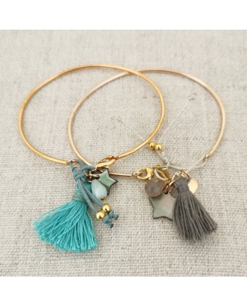 Bracelet jonc pompon et breloques Argent ou plaqué Or 